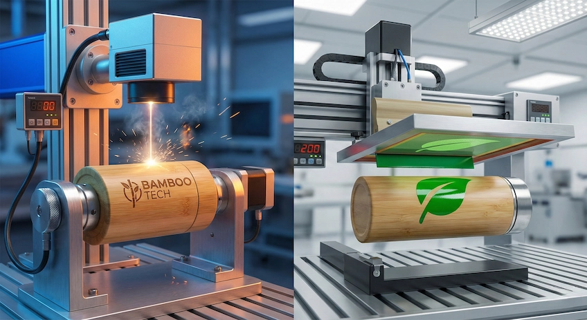Manufacturing comparison showing laser engraving and silk screen printing processes on bamboo cosmetic packaging.
