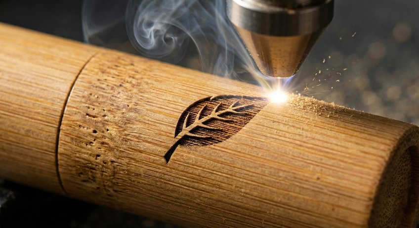 Close up of laser engraved logo on bamboo lip balm tube