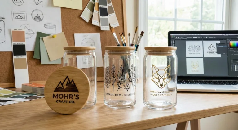 Three customizable glass jars showing different branding techniques: laser engraving on bamboo, screen printing, and gold hot stamping.