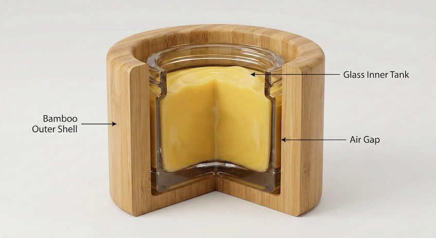 Cross-section diagram of a double-wall bamboo jar showing glass inner tank and bamboo outer shell
