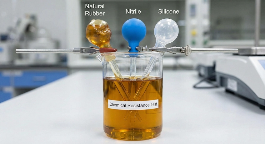 Visual experiment showing the swelling of natural rubber bulbs versus the chemical resistance of Nitrile and Silicone bulbs in essential oil.