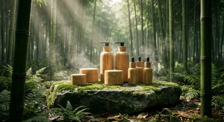 Premium bamboo cosmetic packaging set including jars and bottles displayed in a natural forest setting.