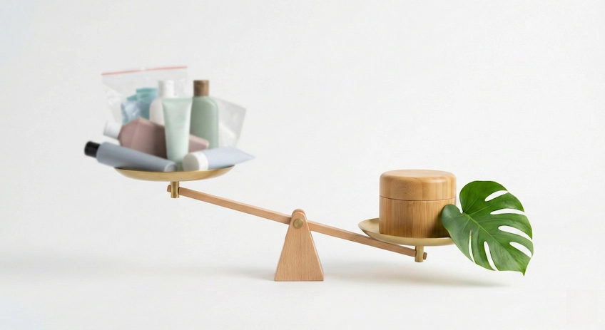 Conceptual image comparing sustainable bamboo cosmetic packaging versus plastic waste.