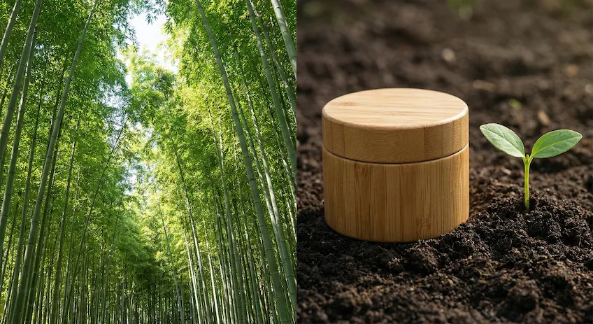 Split image showing the rapid growth of bamboo forests and a biodegradable bamboo cosmetic jar, illustrating the most eco-friendly packaging lifecycle.