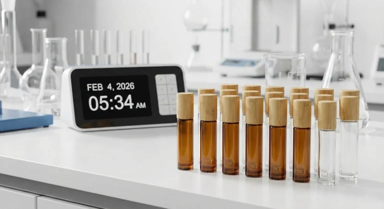 Amber and clear glass roller bottles in a cosmetic lab, illustrating shelf life testing.