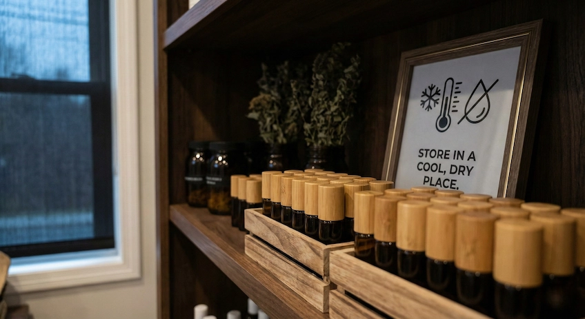 bamboo roller bottles stored in a cool dark cabinet
