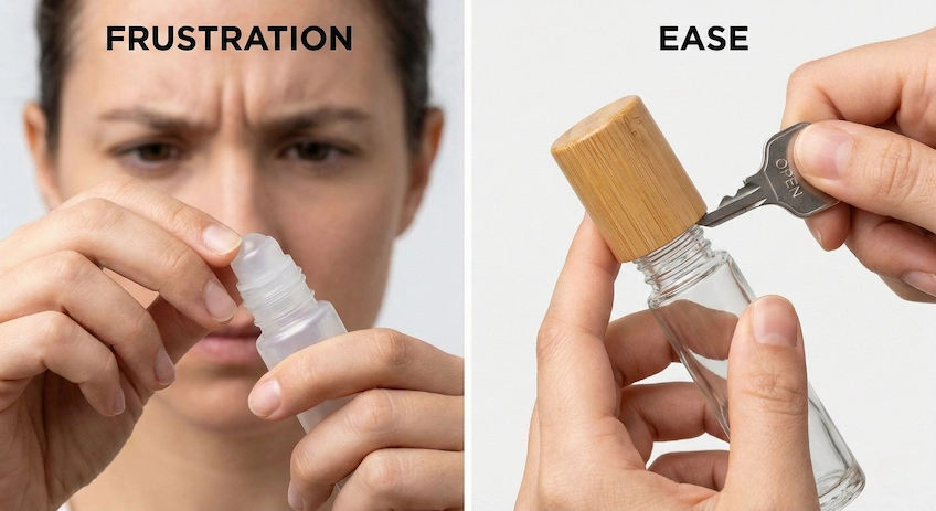 Guide on how to remove a stuck roller ball top from an essential oil bottle using an opener tool.