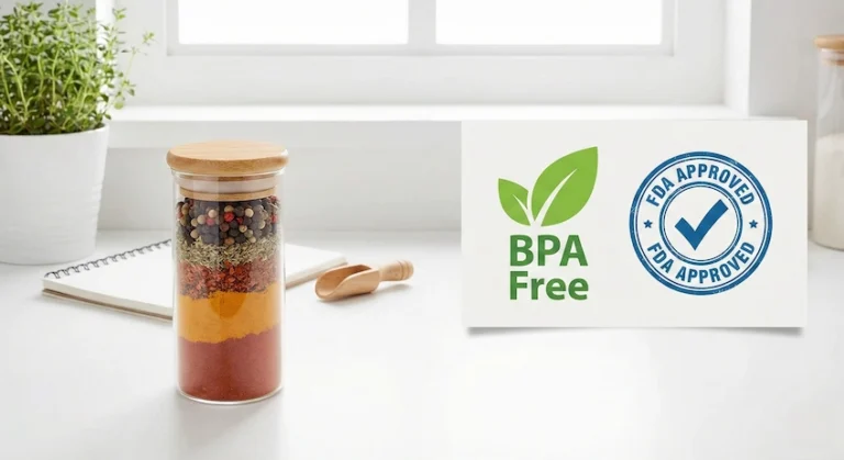 Bamboo lid on a glass storage jar shown with BPA-Free and FDA compliance symbols, highlighting food safety.