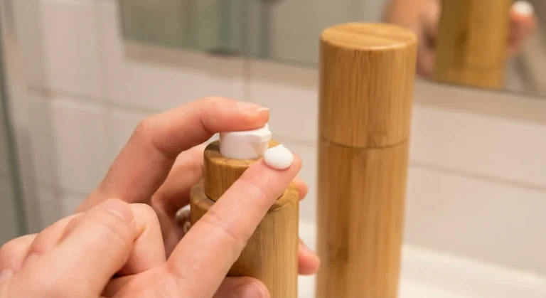 Hand using a bamboo airless pump bottle, demonstrating precision dispensing and ergonomic design for skincare products.