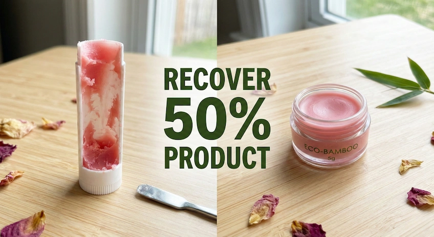 Comparison of a cut-open lip balm tube showing wasted product versus a mini bamboo jar filled with the recovered balm.