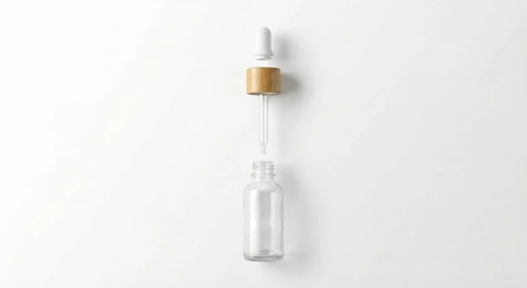 Exploded view of a glass dropper bottle showing the bottle, pipette, bamboo collar, and silicone bulb components separated for identification.