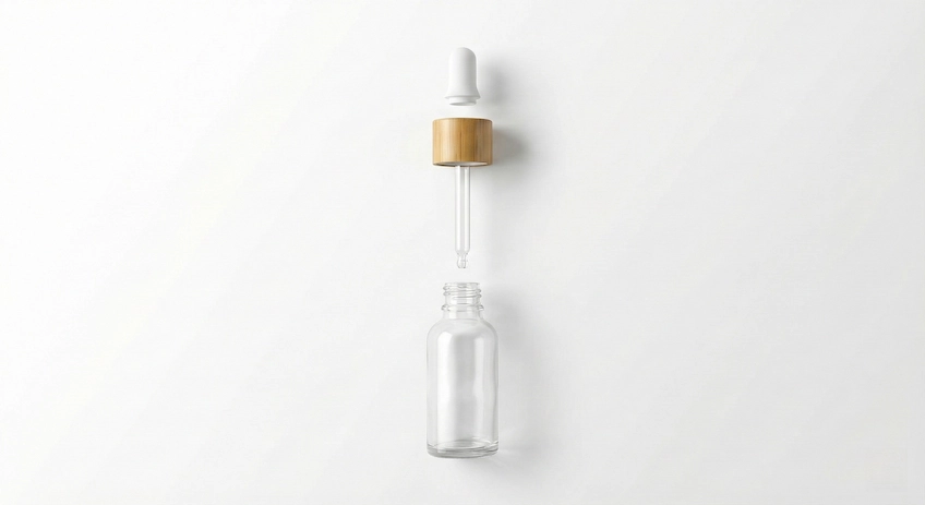 Exploded view of a glass dropper bottle showing the bottle, pipette, bamboo collar, and silicone bulb components separated for identification.