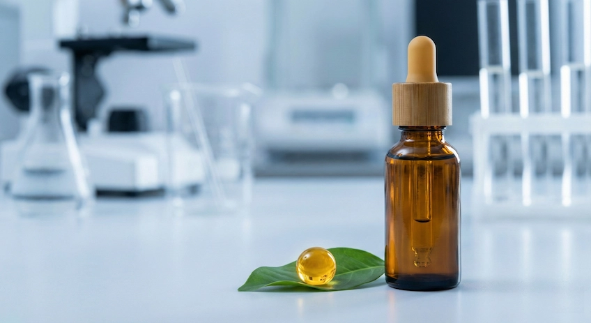 Amber glass bamboo dropper bottle next to essential oil, demonstrating safe storage and purity.