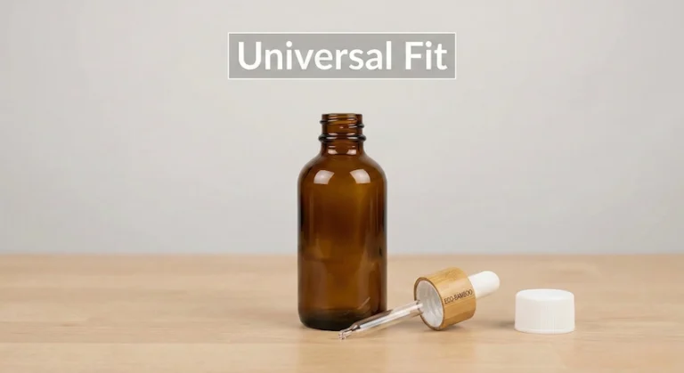 Amber glass bottle shown with both a bamboo standard dropper and a child-resistant cap to demonstrate compatibility.