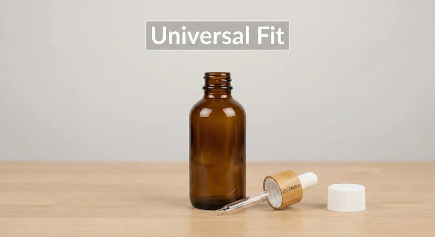 Amber glass bottle shown with both a bamboo standard dropper and a child-resistant cap to demonstrate compatibility.
