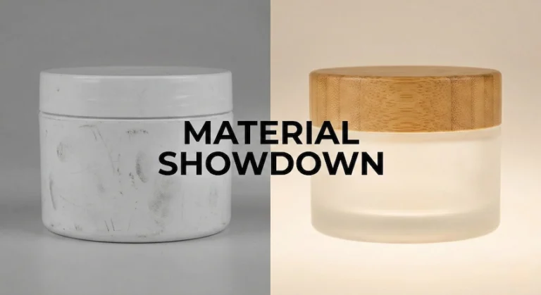 Comparison of a standard plastic cosmetic jar versus a premium bamboo glass jar.