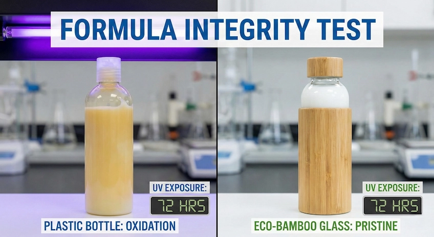 Split screen comparison showing how glass lotion bottles preserve formula color and integrity better than plastic under UV light.