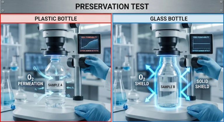 Visual comparison of oxygen permeability in plastic bottles versus the impermeable barrier of glass lotion bottles.