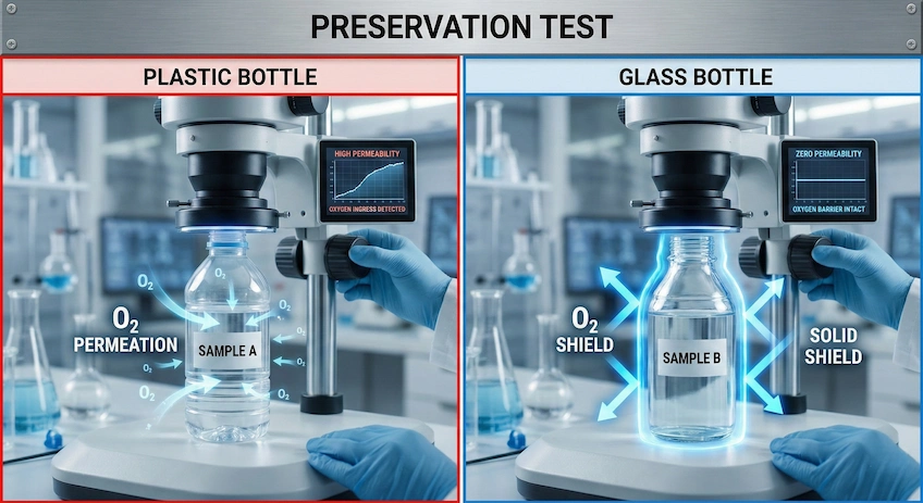 Visual comparison of oxygen permeability in plastic bottles versus the impermeable barrier of glass lotion bottles.