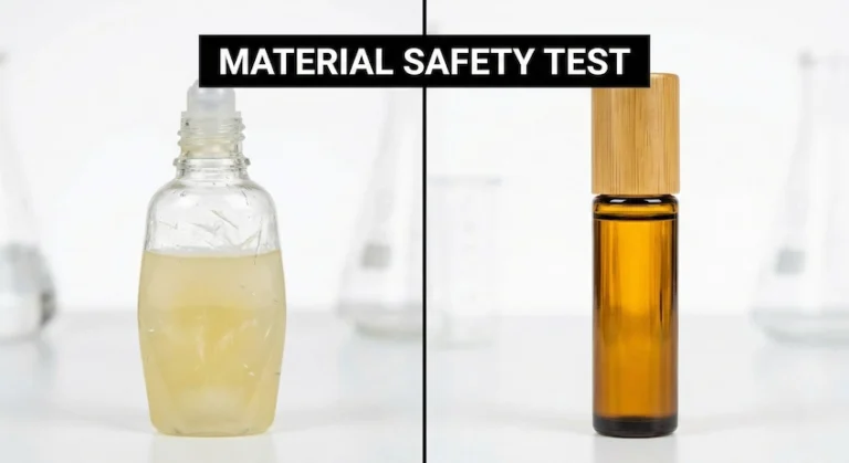 Comparison of essential oil stability in plastic versus glass bamboo roller bottles.