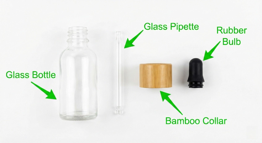 Disassembling a bamboo glass dropper bottle for recycling: separating glass, bamboo collar, and rubber bulb