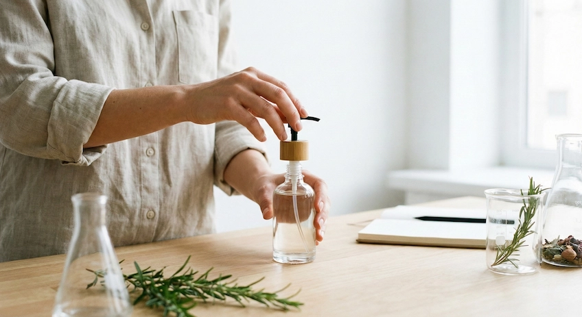 No Machinery Needed: The Indie Perfumer's Advantage Artisanal indie perfumer filling bamboo screw-neck bottles in a sunlit studio