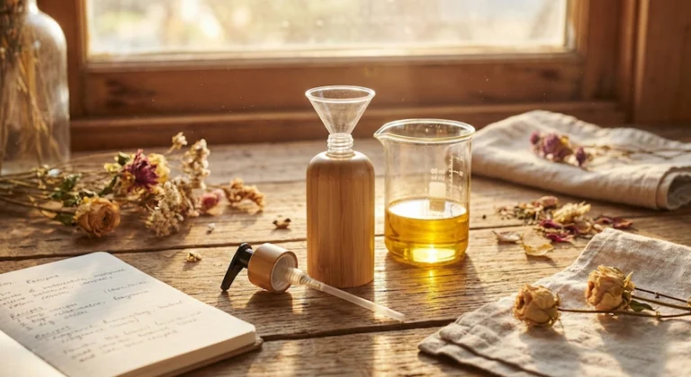 An indie perfumer hand-filling a screw-neck bamboo perfume bottle in a studio.