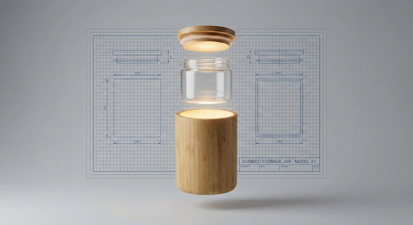 Deconstructed view of an innovative bamboo and glass hybrid jar, highlighting the separable design and sustainable materials.