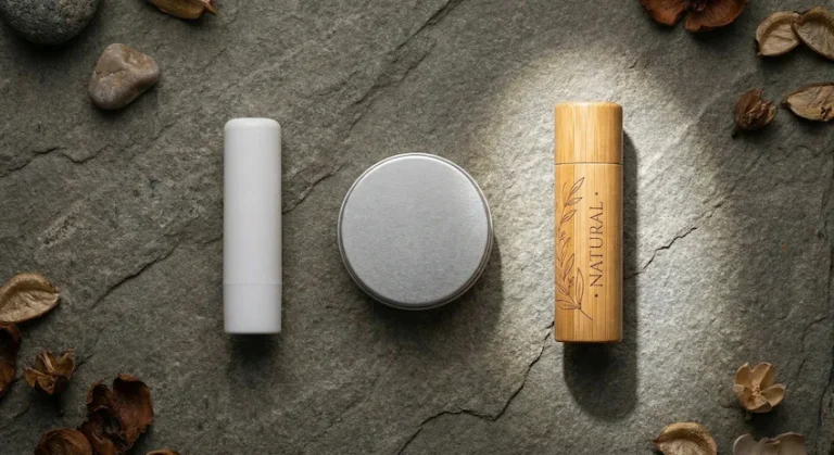 Comparison of three common lip balm packaging materials: plastic, aluminum, and bamboo, highlighting the premium look of bamboo.
