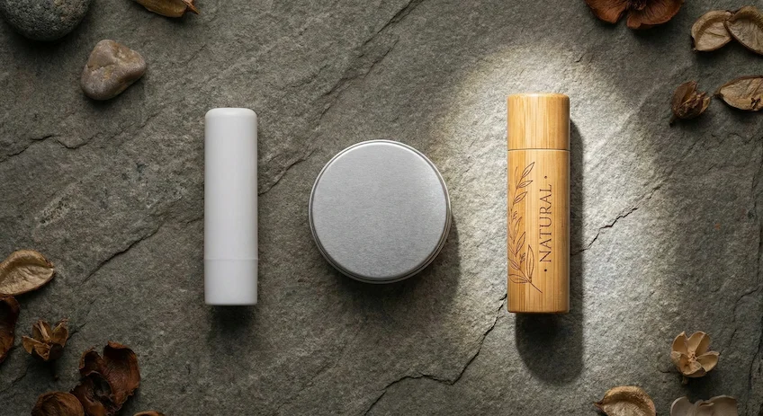 Comparison of three common lip balm packaging materials: plastic, aluminum, and bamboo, highlighting the premium look of bamboo.