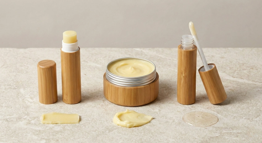 Comparison of three lip balm packaging types: Bamboo Tube, Bamboo Jar, and Lip Gloss Tube, with corresponding formula textures.