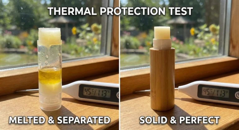Comparison of melted lip balm in plastic tube versus solid balm in insulated bamboo tube under heat.