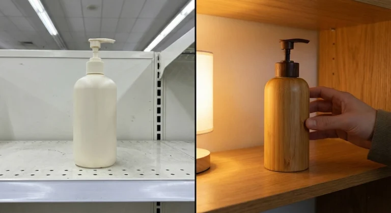 Visual comparison of consumer attention drawn to a luxury bamboo lotion bottle versus a generic plastic bottle on a retail shelf.