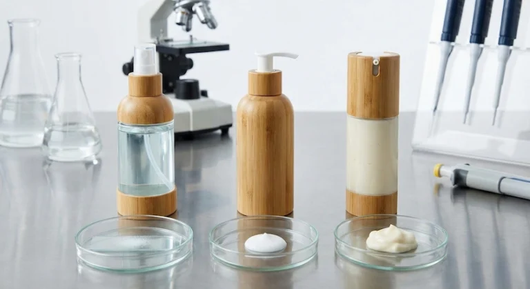 Comparison of three bamboo lotion dispensers (mist, pump, airless) matched with different product viscosities.