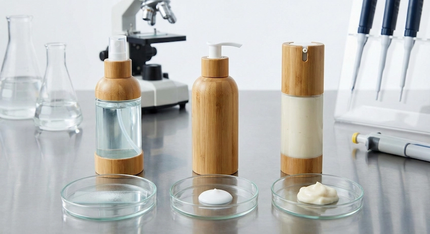Comparison of three bamboo lotion dispensers (mist, pump, airless) matched with different product viscosities.