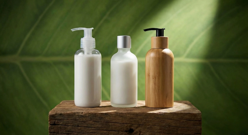 Comparison of three common lotion bottle materials: PET plastic, frosted glass, and sustainable bamboo, highlighting the eco-friendly bamboo option.
