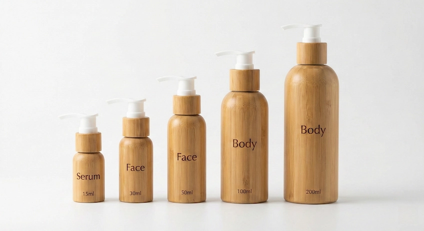 A complete range of bamboo lotion bottles from 15ml to 200ml, labeled for different skincare applications like serum, face cream, and body lotion.