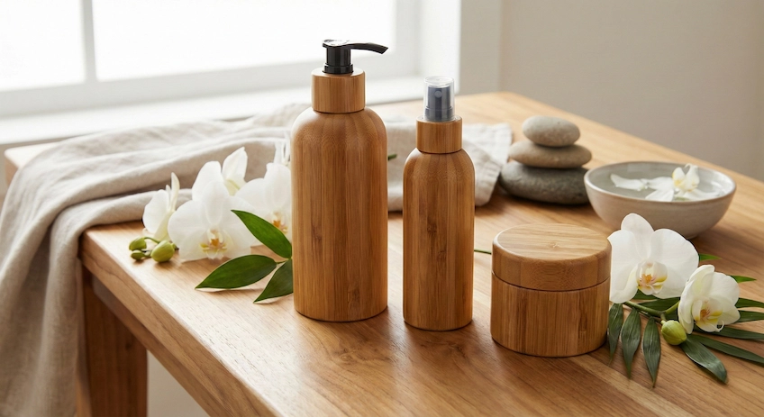 Luxury bamboo lotion bottle set for organic skincare branding