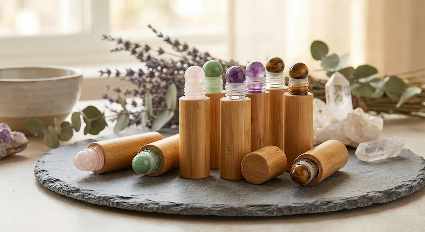 A premium collection of bamboo roller bottles featuring Rose Quartz, Jade, and Amethyst roller tops arranged in a spa setting with botanicals
