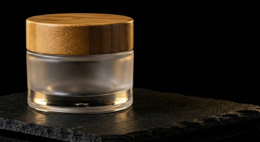 Premium frosted glass jar with bamboo lid, showcasing heavy-wall glass construction and luxury lighting.