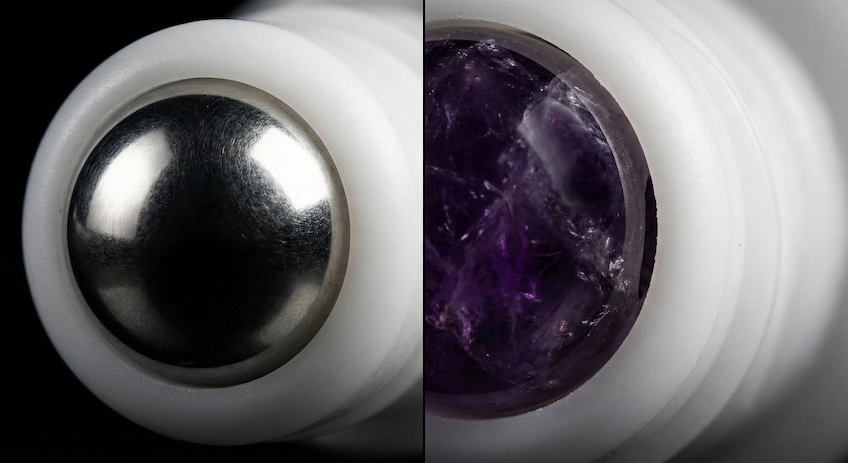 Extreme close-up macro shot comparing the tight engineering gap of a stainless steel roller ball against the wider fitment of an amethyst gemstone ball