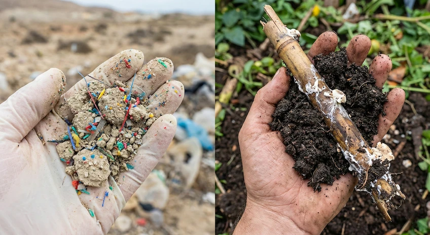 Microplastics contaminating soil and water compared to clean biodegradable bamboo compost