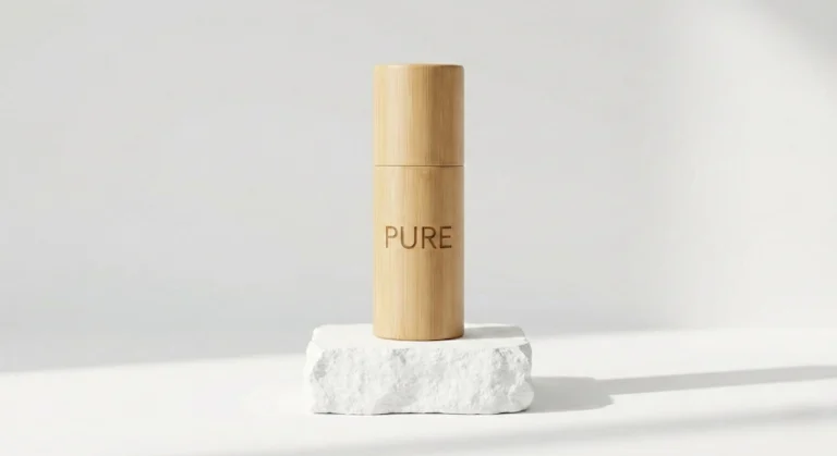 Minimalist bamboo lotion bottle with laser-engraved branding, showcasing the elegance of clean design and natural materials.