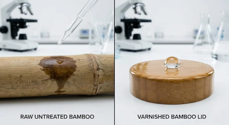 Comparison of raw bamboo versus varnished mold-resistant bamboo cosmetic jar lids.