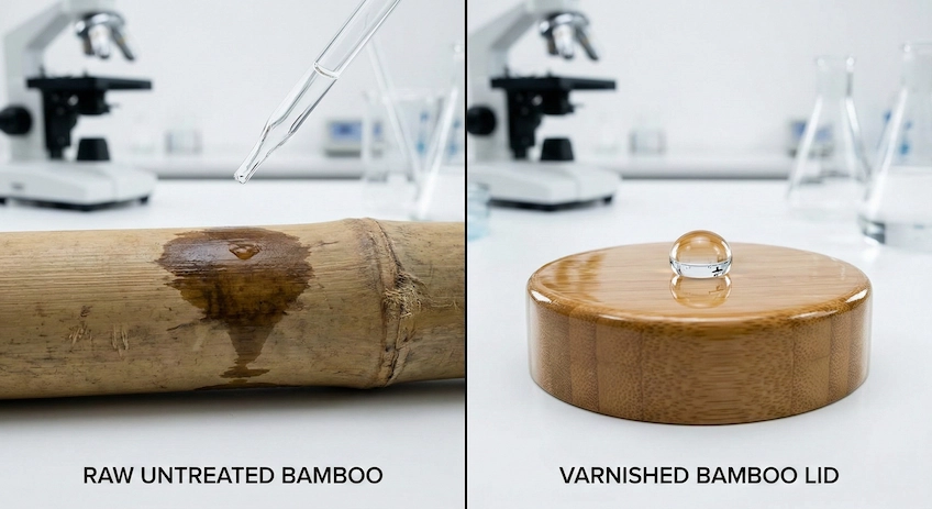 Comparison of raw bamboo versus varnished mold-resistant bamboo cosmetic jar lids.