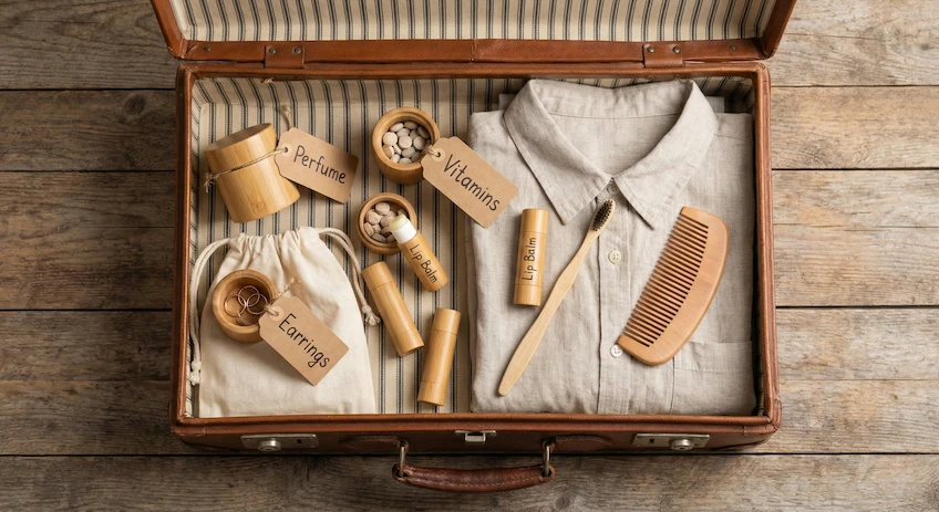 Flat lay showing multiple ways to repurpose empty bamboo lip balm containers for travel and storage.
