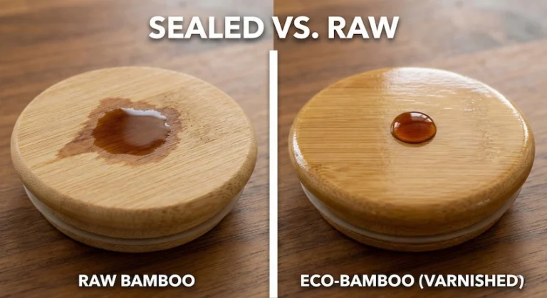 Visual comparison of a raw bamboo lid absorbing liquid versus a varnished bamboo lid repelling liquid and odors.