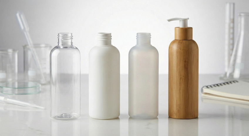 Comparison of PET, HDPE, and PP raw plastic bottles next to a finished bamboo lotion bottle.