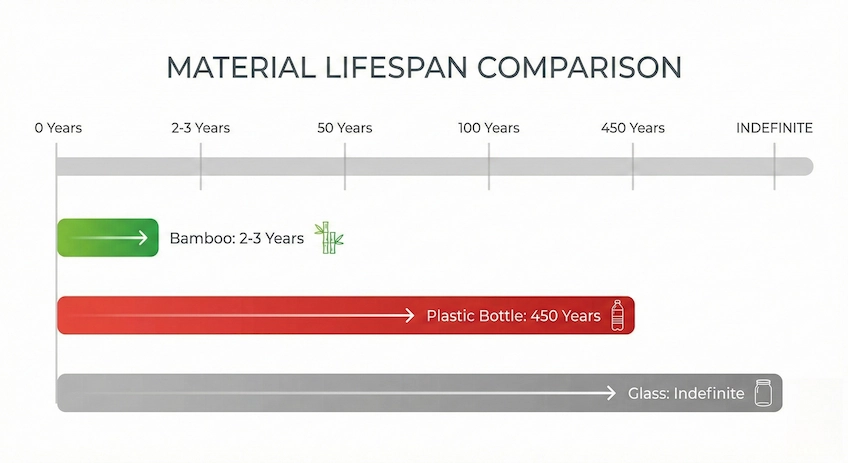 Comparison of plastic bottle lasting centuries versus bamboo packaging decomposing naturally