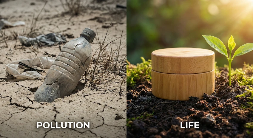 Split screen showing a non-degrading plastic bottle versus a biodegradable bamboo cosmetic jar returning to the earth.